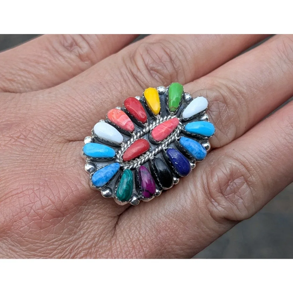 Handmade Navajo Cluster Ring Size 8.75US - Women's Southwest Jewelry ** - Picture 3 of 9